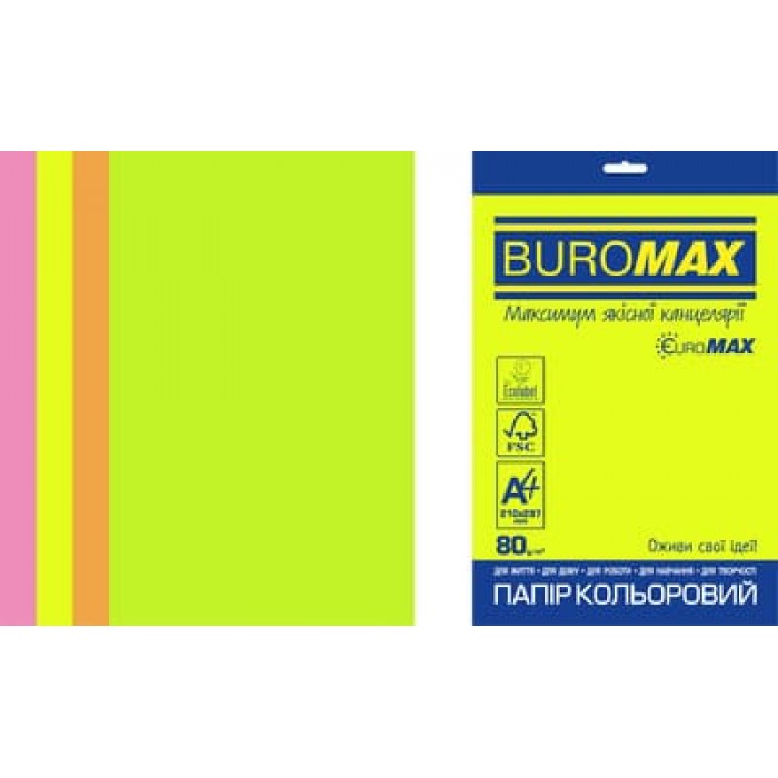 Папір кольоровий Euromax Neon Mix (4 кольори) А4, 80г/м2, 50арк.