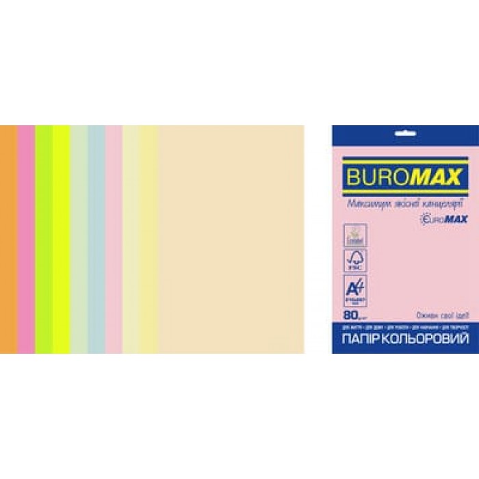 Папір кольоровий Euromax Pastel+Neon (10 кольорів) А4, 80г/м2, 20арк.