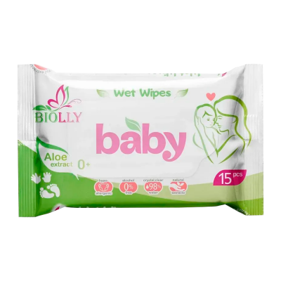 Серветки вологі дитячі з алое Biolly 15шт