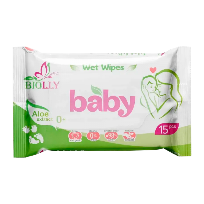 Серветки вологі дитячі з алое Biolly 15шт