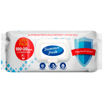Серветки вологі антибактеріальні Summer Fresh 120шт., з клапаном