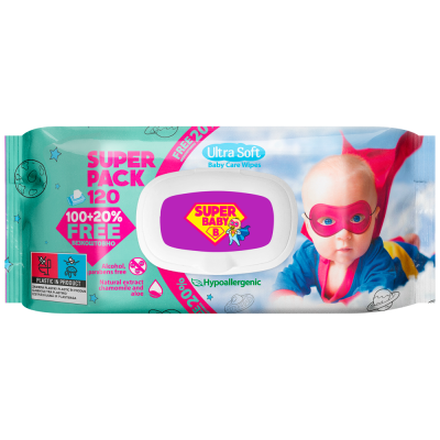 Серветки вологі Super Baby Super Pack дитячі, ромашка та алоє 120шт., з клапаном