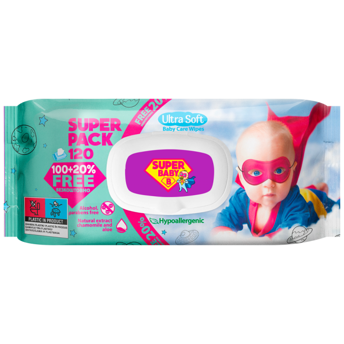 Серветки вологі Super Baby Super Pack дитячі, ромашка та алоє 120шт., з клапаном