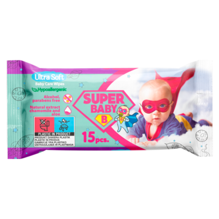 Серветки вологі Super Baby Super Pack дитячі, ромашка та алоє 15шт