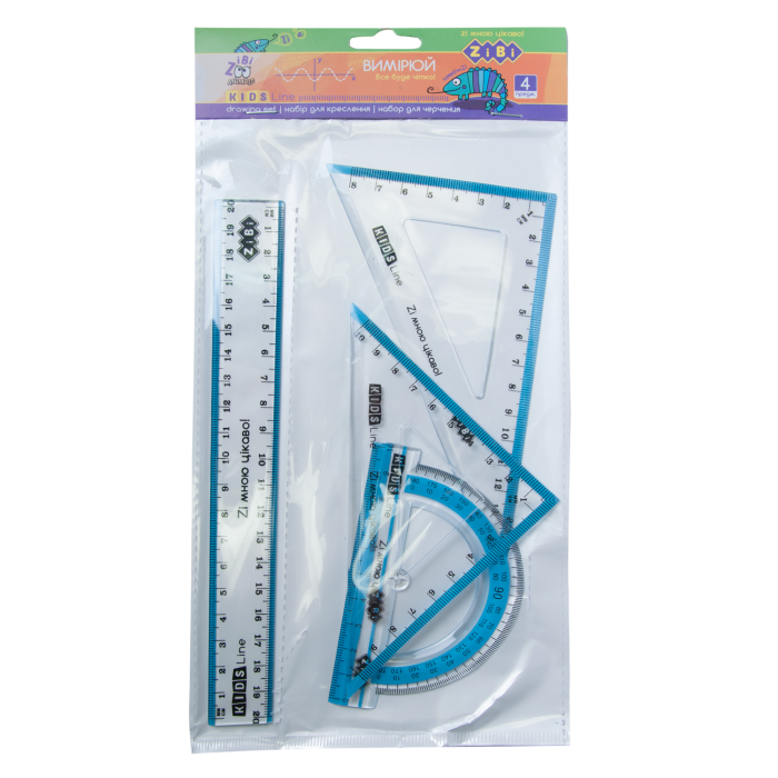 Комплект: лінійка 20см. 2 косинця, транспортир (з блакитною смугою) ZB.5680-14