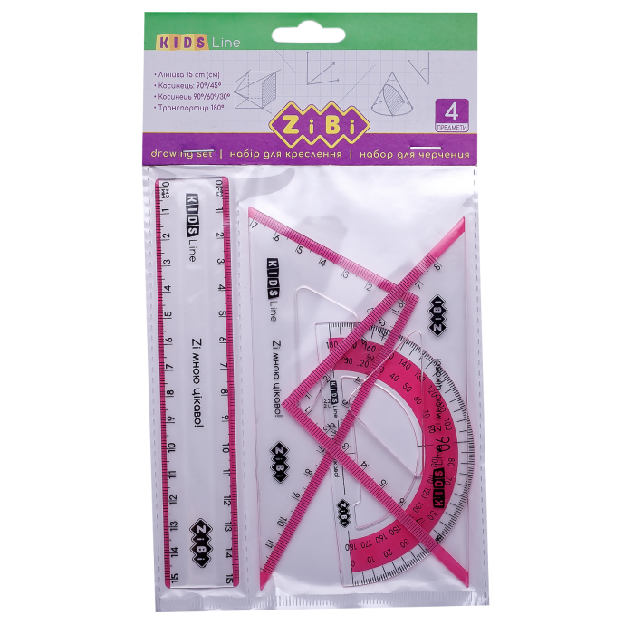 Комплект: лінійка 15см. 2 косинця, транспортир (з рожевою смугою) ZB.5687-10