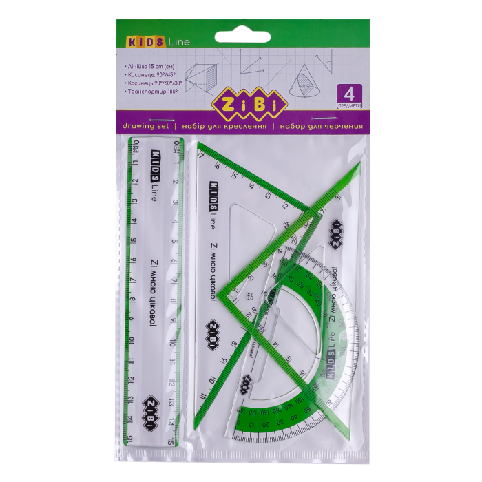 Комплект: лінійка 15см. 2 косинця, транспортир (з салатовою смугою) ZB.5687-15