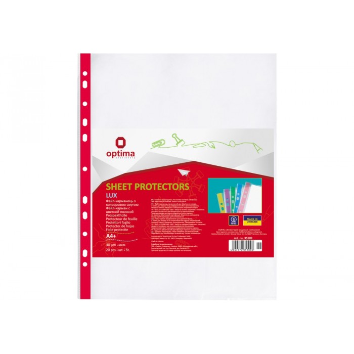 Файл А4+ 40мкм, прозорий, з червоною стрічкою, Optima 20шт/уп 
