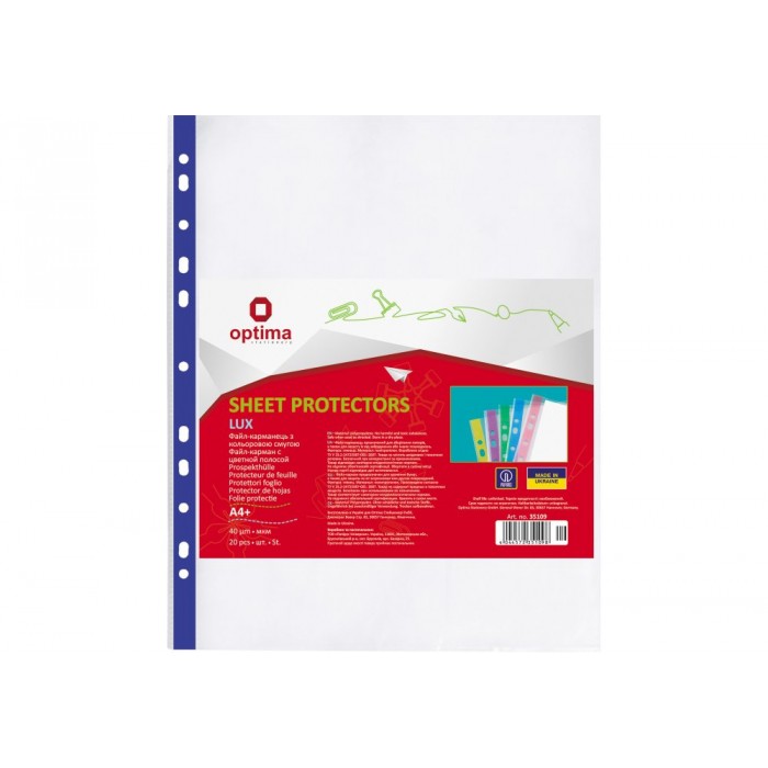 Файл А4+ 40мкм, прозорий, з синьою стрічкою, Optima 20шт/уп 