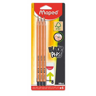 Карандаш графитный с ластиком в наборе Black Peps HB 6шт/уп