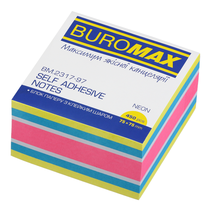 Блок паперу з клейким шаром 75х75мм, 450арк (неон) BM.2317-97
