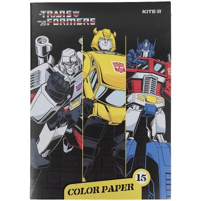 Набір кольорового двостороннього паперу Kite Transformers А4, 15кол. 15арк.