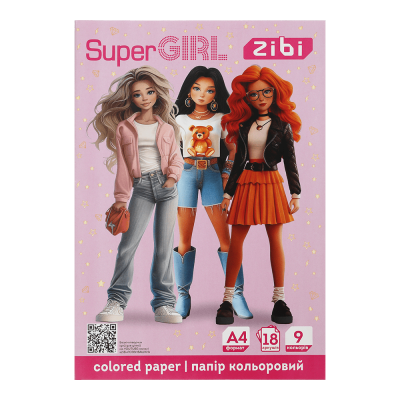 Набор цветной бумаги Super Girl А4, 9цв. 18л.