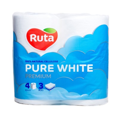 Папір туалетний "Pure White" 4 рул., на гільзі, 3-х сл., білий RUTA